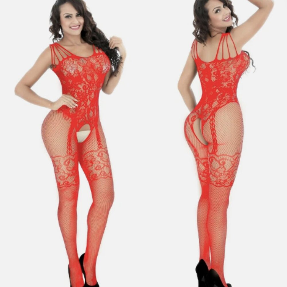 Red Full Body Bodysuit Fishnet Lingerie